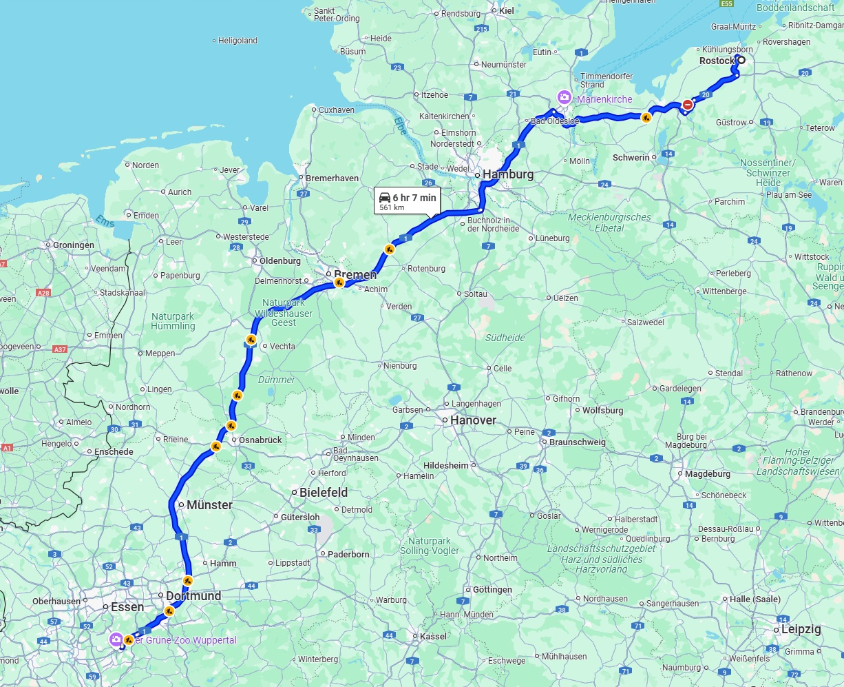 Anreise von Rostock Zu Wuppertal Über via A1