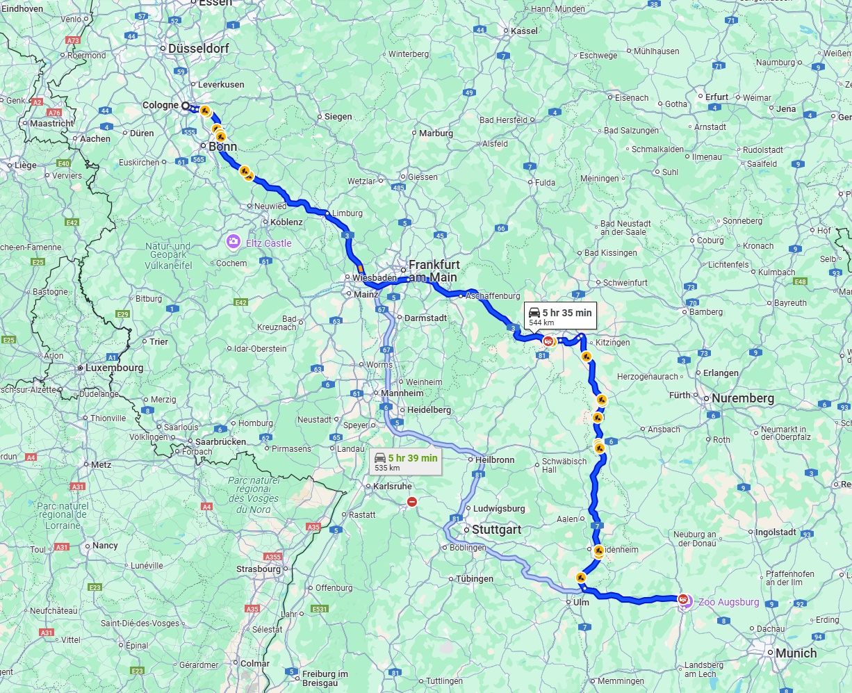 Anreise von Köln Zu Augsburg Über via A3 and A7