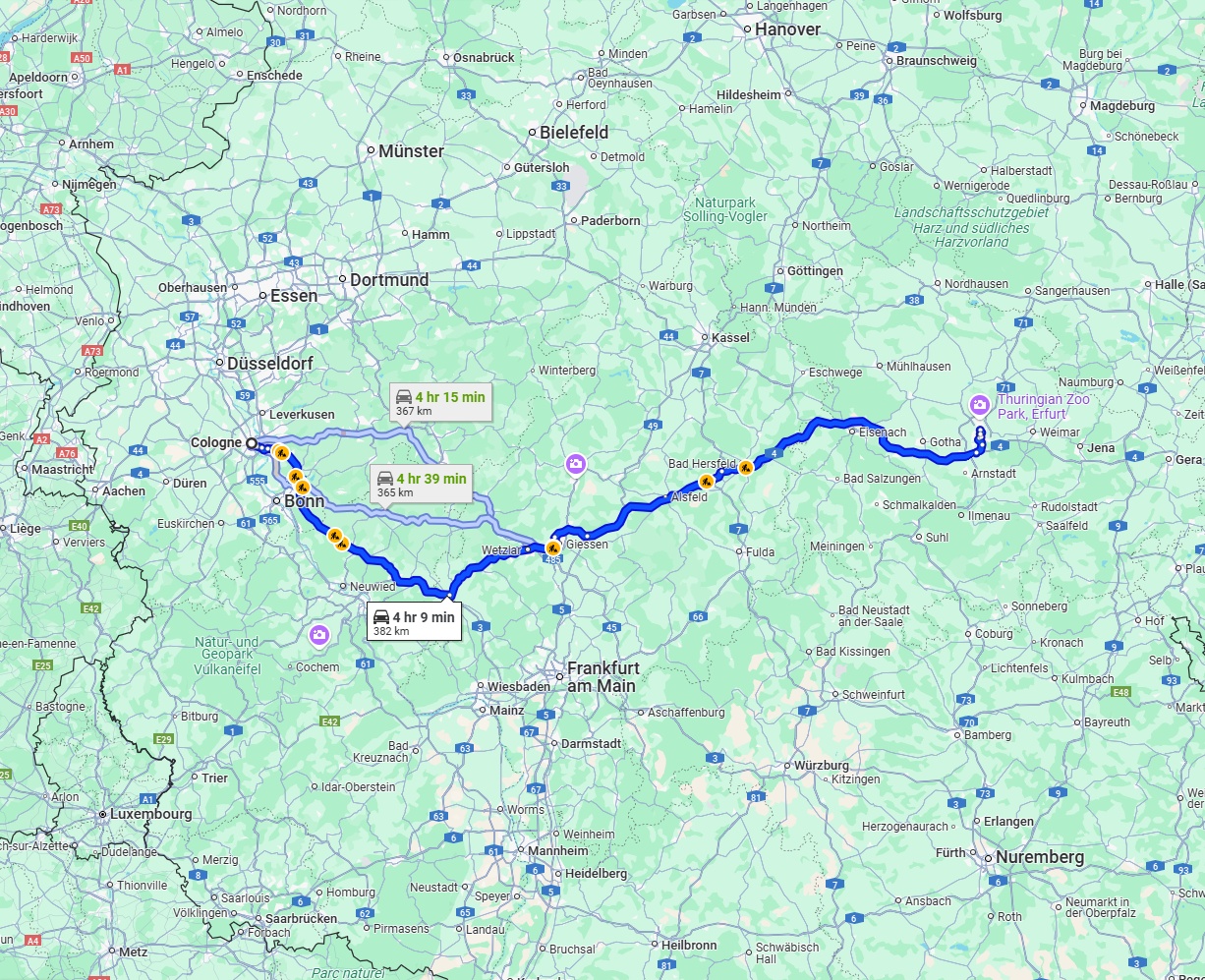 Anreise von Köln Zu Erfurt Über via A3 and A4