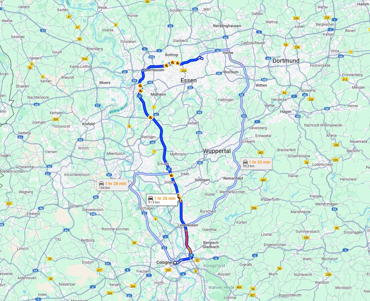 Anreise von Köln Zu Gelsenkirchen Über via A3