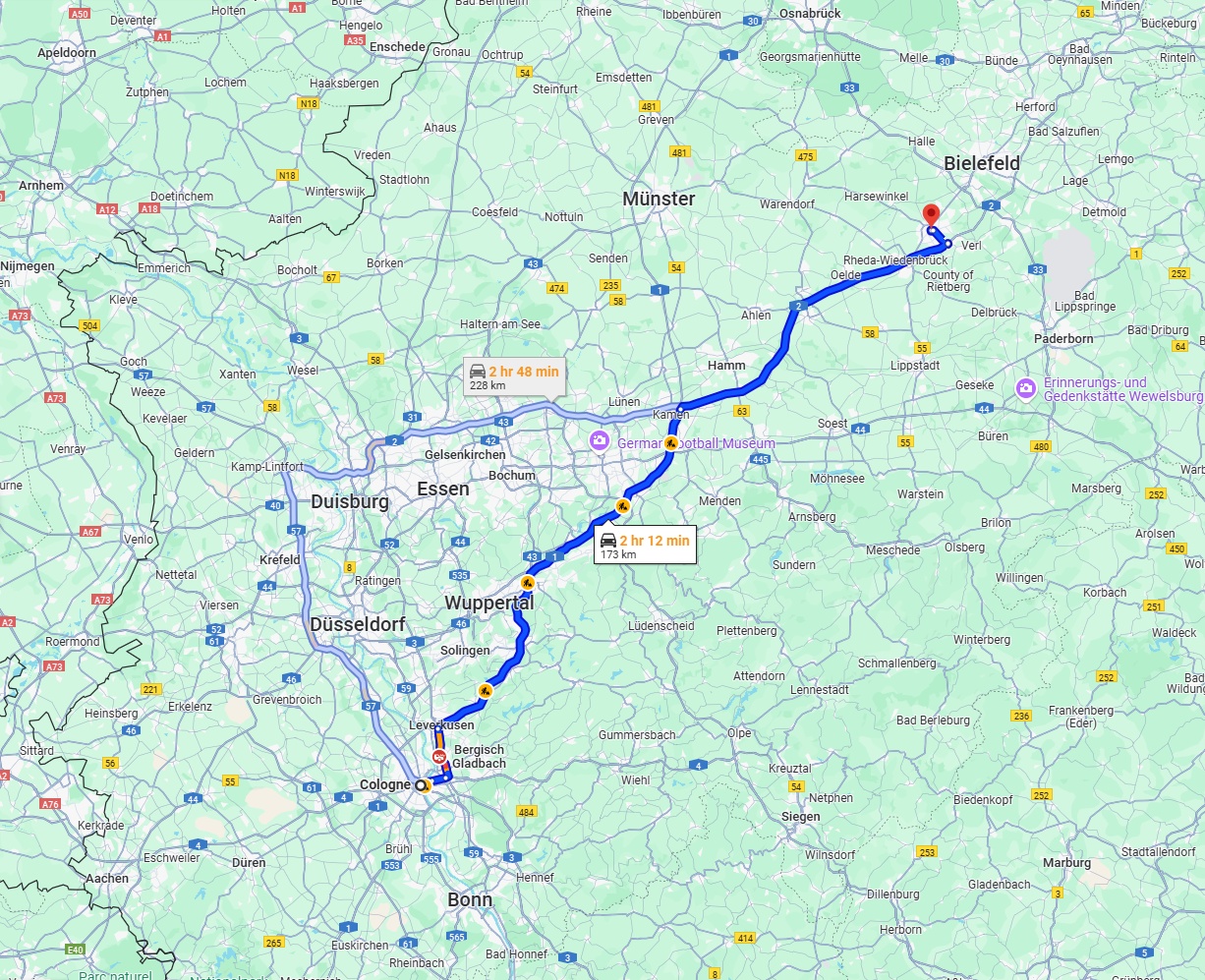 Anreise von Köln Zu Gütersloh Über via A1 and A2