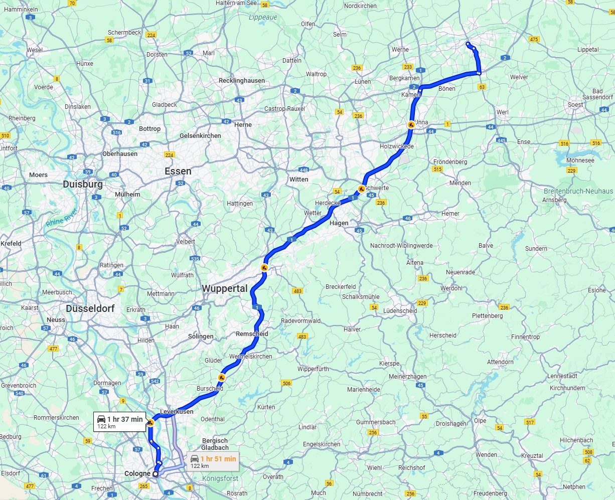 Anreise von Köln Zu Hamm Über via A1