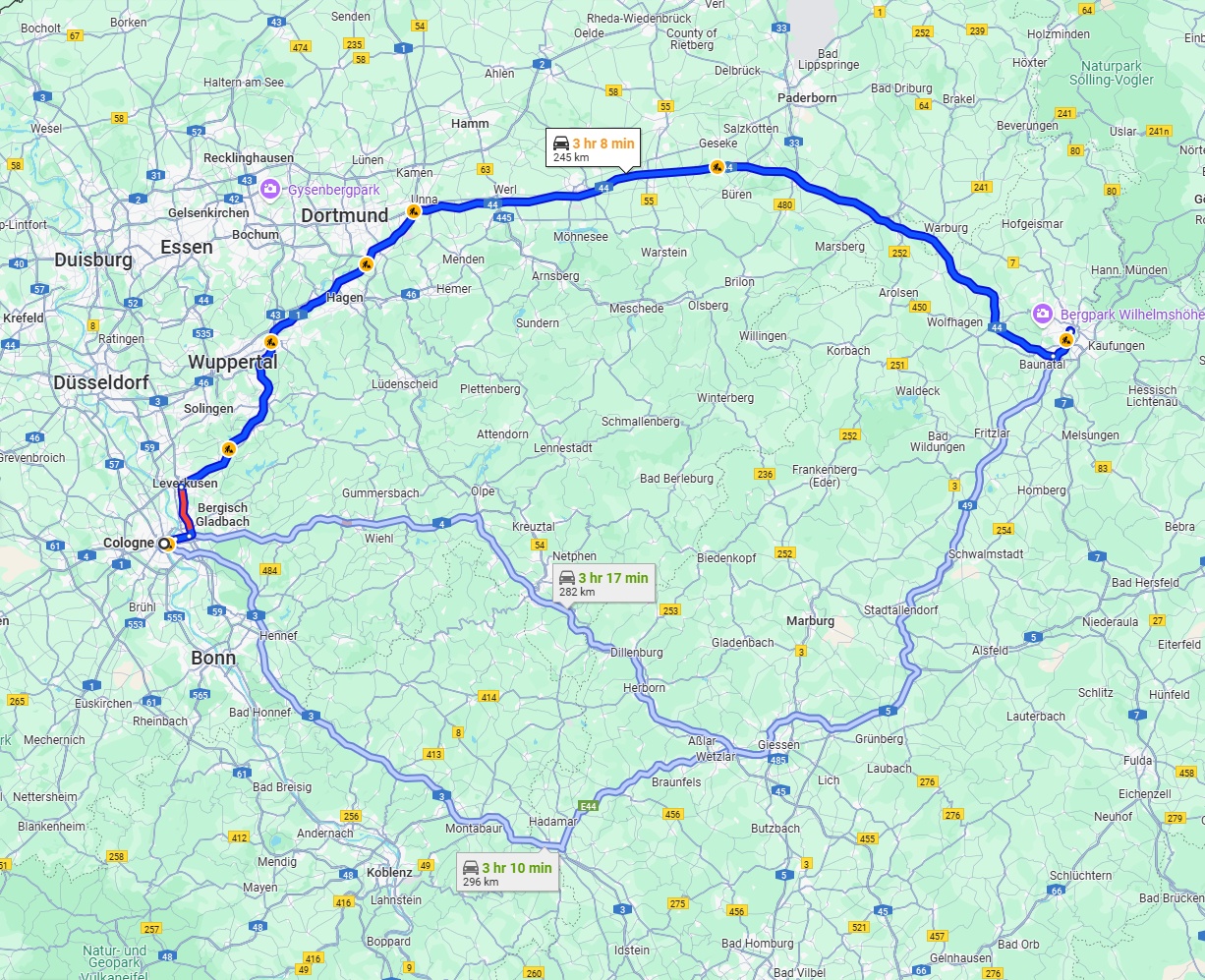 Anreise von Köln Zu Kassel Über via A1 and A44