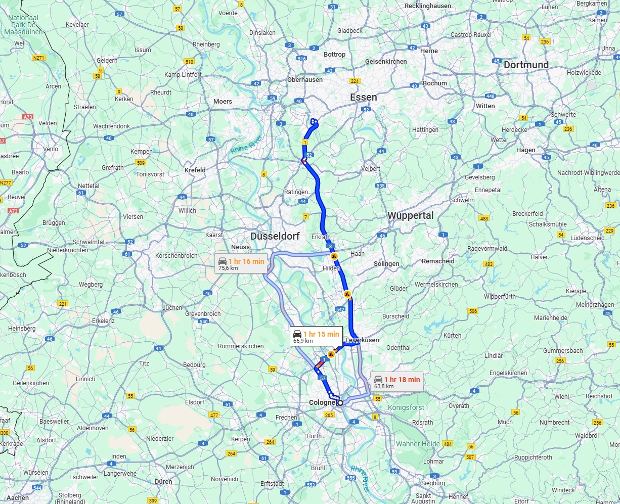 Anreise von Köln Zu Mülheim an der Ruhr Über via A3