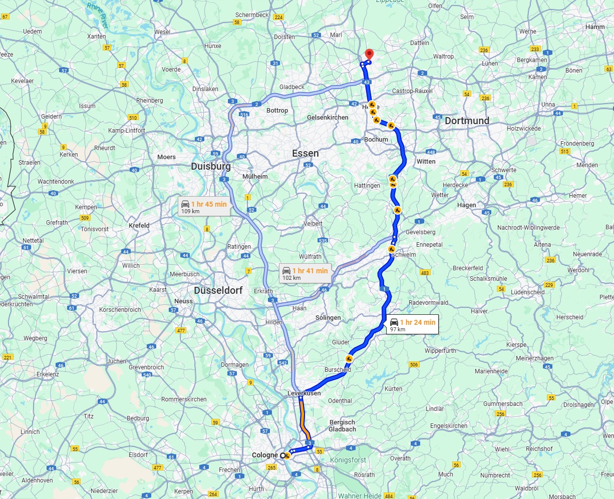 Anreise von Köln Zu Recklinghausen Über via A1 and A43