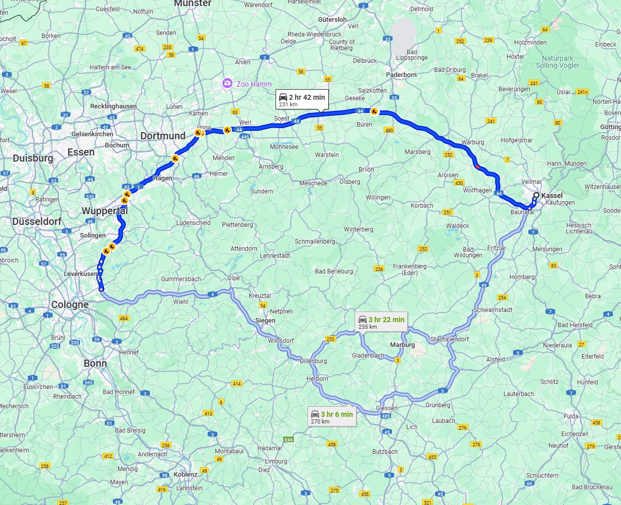Anreise von Kassel Zu Bergisch Gladbach Über via A44 and A1