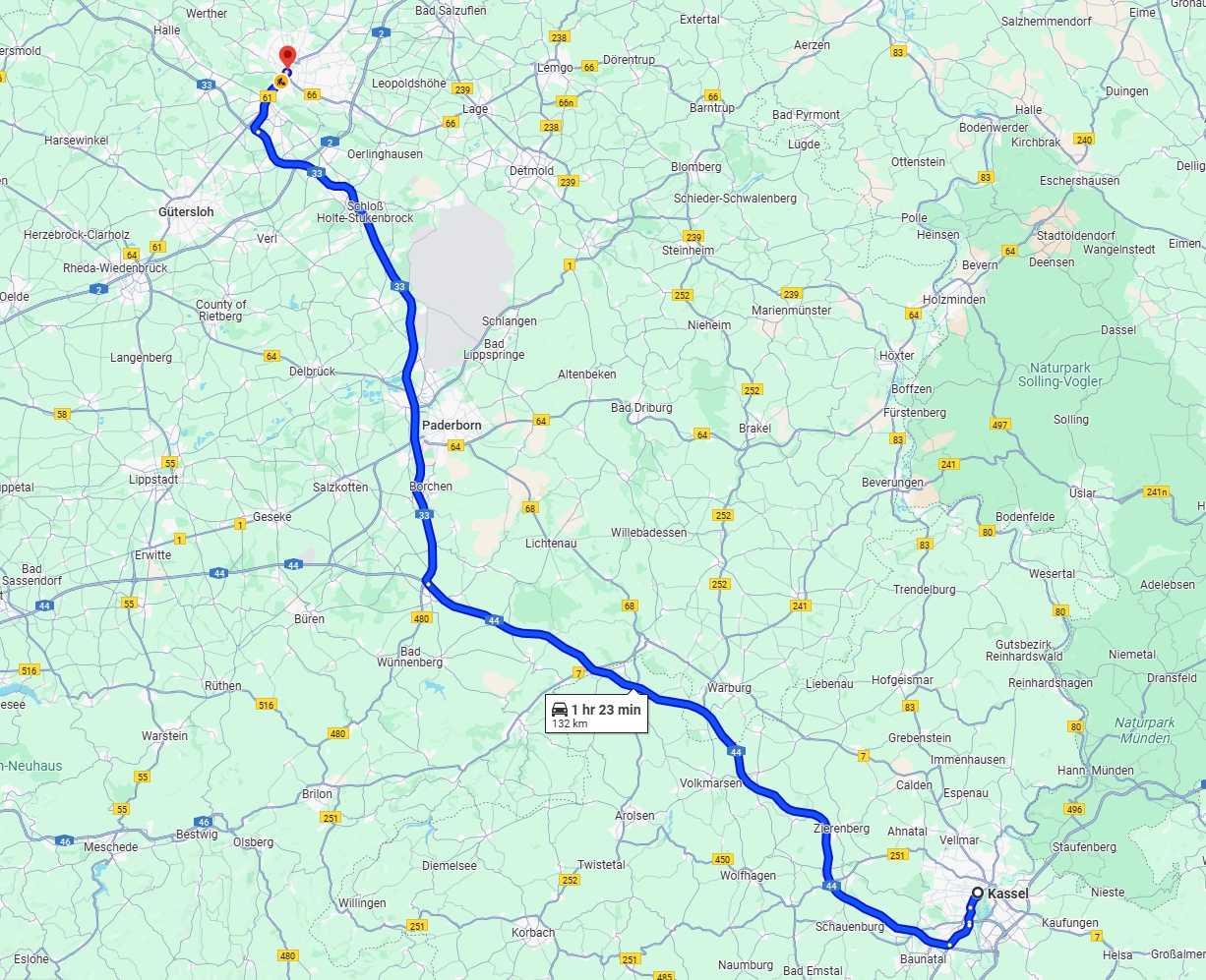 Anreise von Kassel Zu Bielefeld Über via A44 and A33