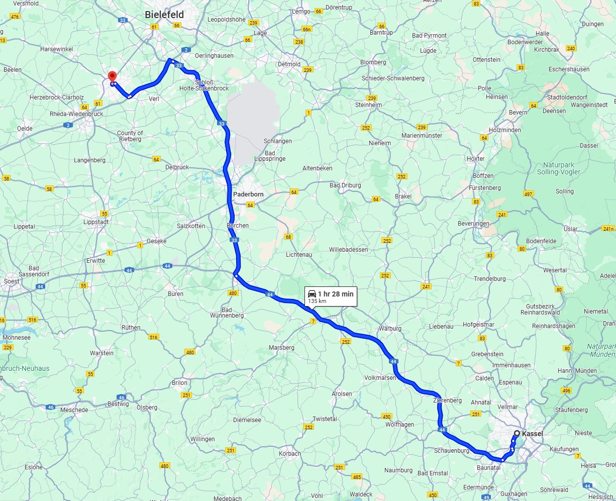 Anreise von Kassel Zu Gütersloh Über via A44 and A33