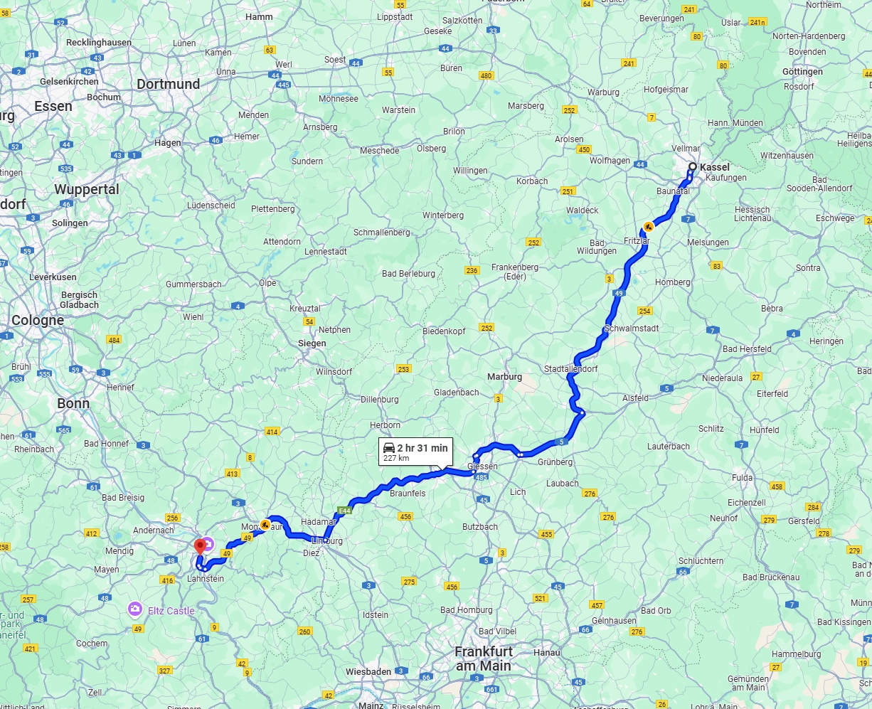 Anreise von Kassel Zu Koblenz Über via A49 and B49