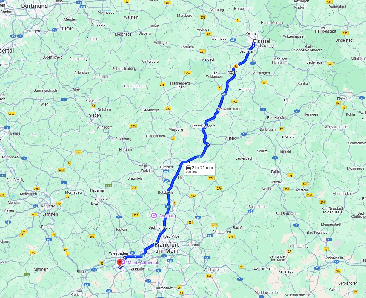 Anreise von Kassel Zu Mainz Über via A49 and A5