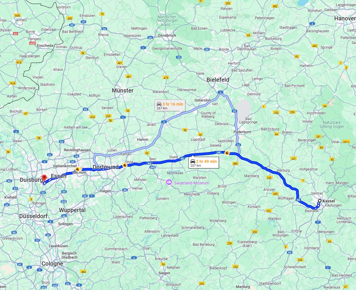 Anreise von Kassel Zu Mülheim an der Ruhr Über via A44