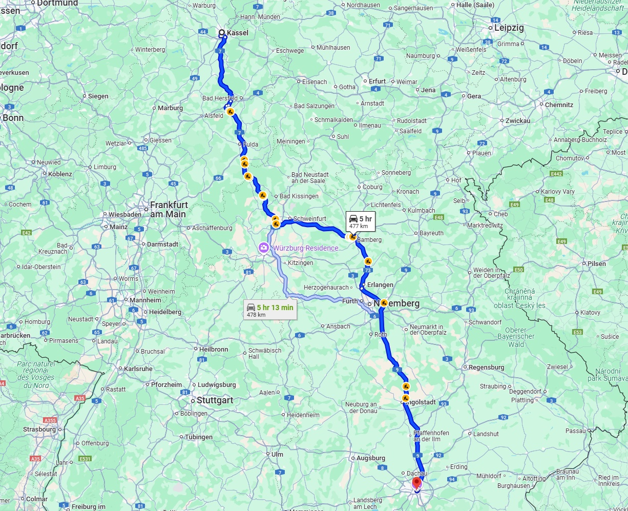 Anreise von Kassel Zu München Über via A7 and A9