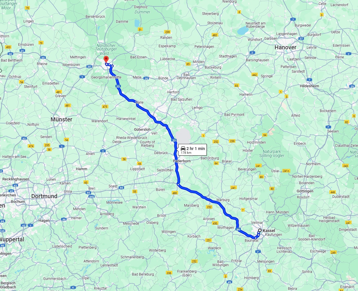 Anreise von Kassel Zu Osnabrück Über via A44 and A33