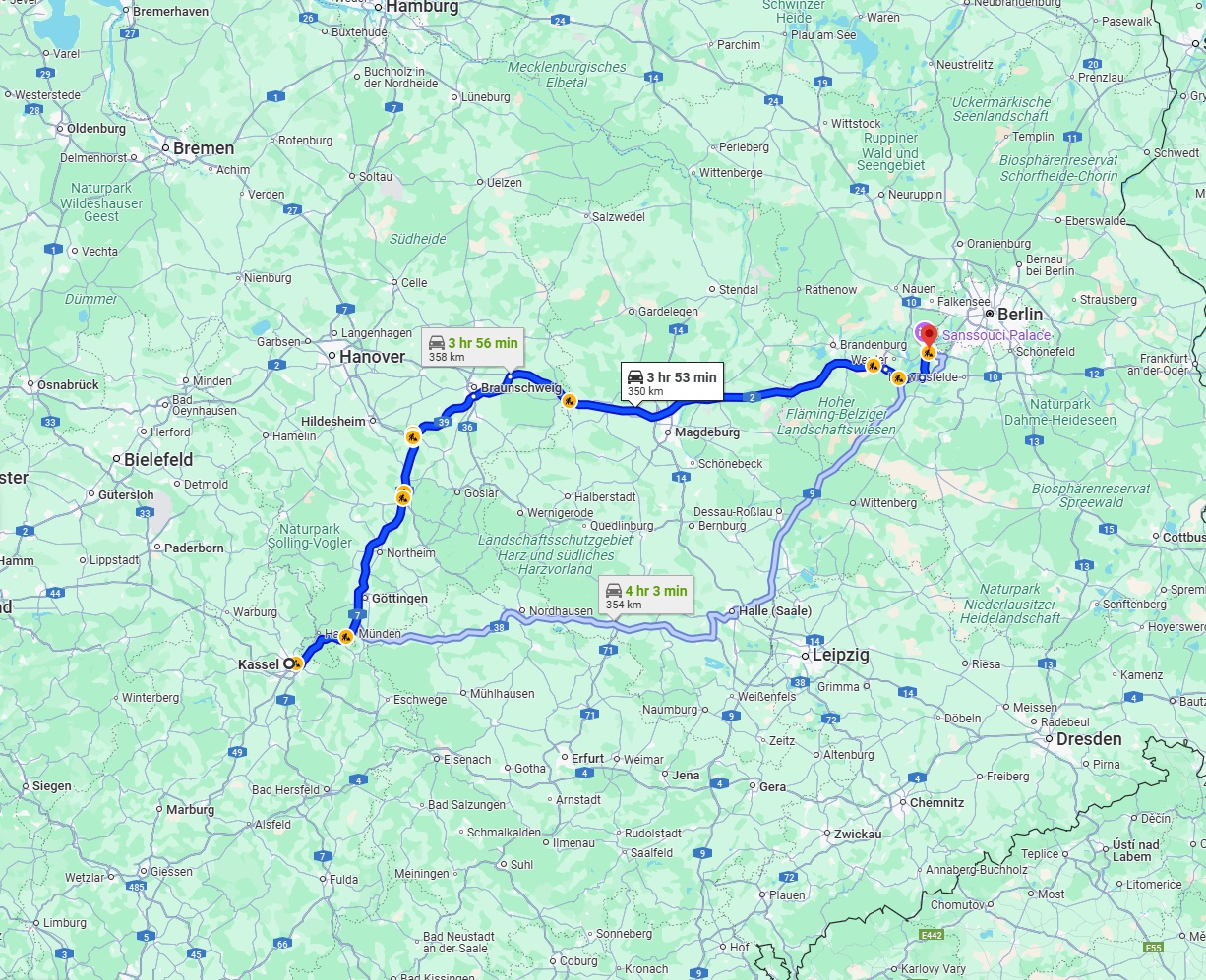 Anreise von Kassel Zu Potsdam Über via A7 and A2