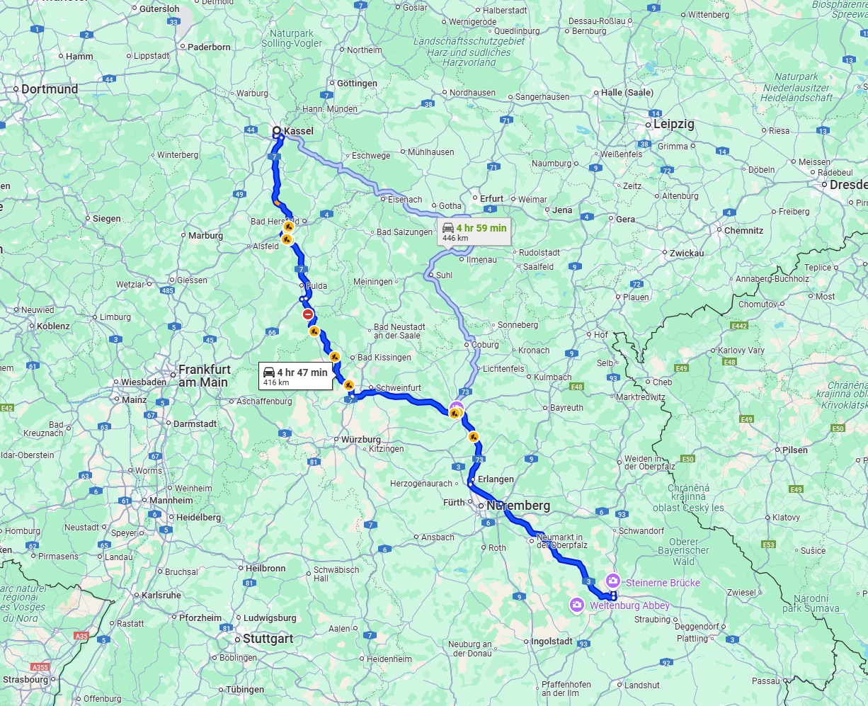 Anreise von Kassel Zu Regensburg Über via A7 and A3