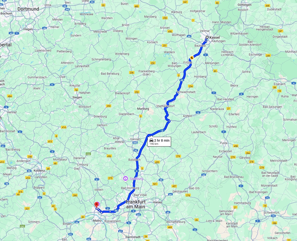 Anreise von Kassel Zu Wiesbaden Über via A49 and A5
