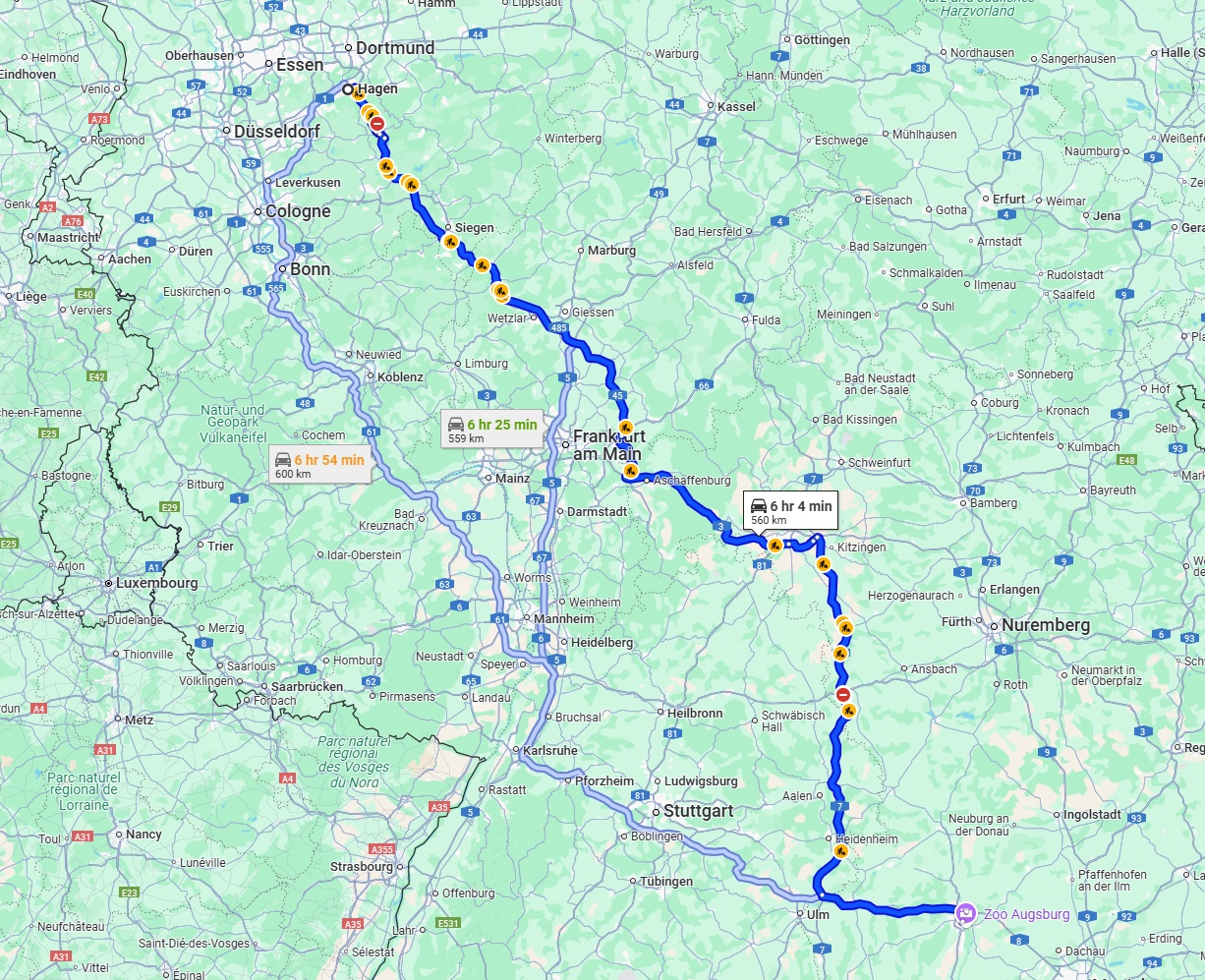 Anreise von Hagen Zu Augsburg Über via A45 and A7