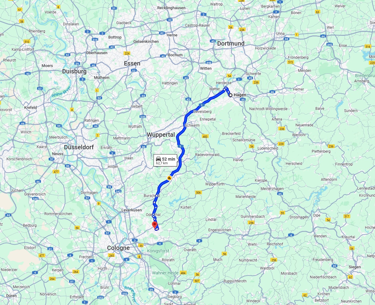 Anreise von Hagen Zu Bergisch Gladbach Über via A1