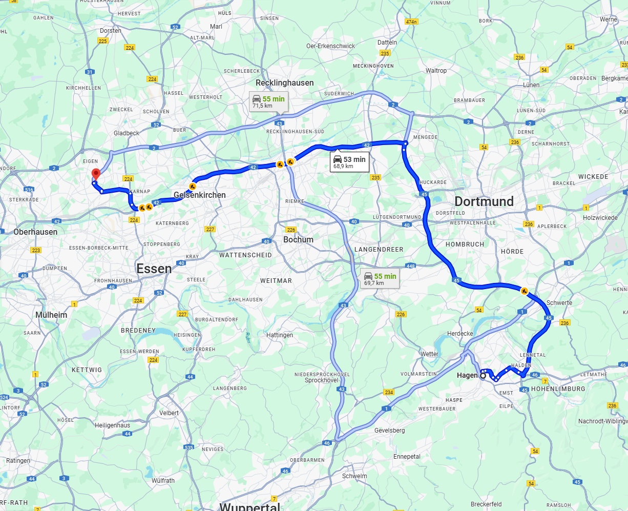 Anreise von Hagen Zu Bottrop Über via A45 and A42