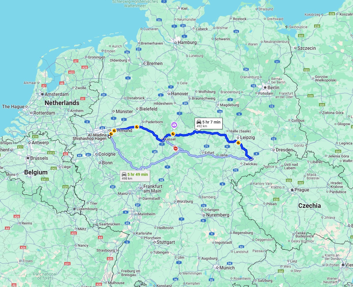 Anreise von Hagen Zu Chemnitz Über via A44 and A38