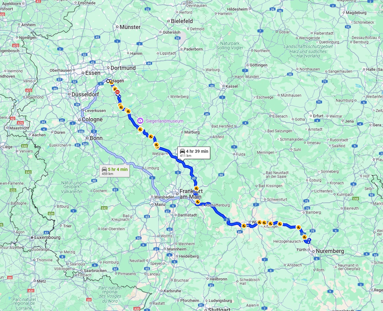 Anreise von Hagen Zu Erlangen Über via A45 and A3