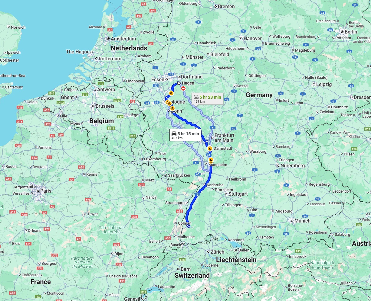 Anreise von Hagen Zu Freiburg im Breisgau Über via A3 and A5