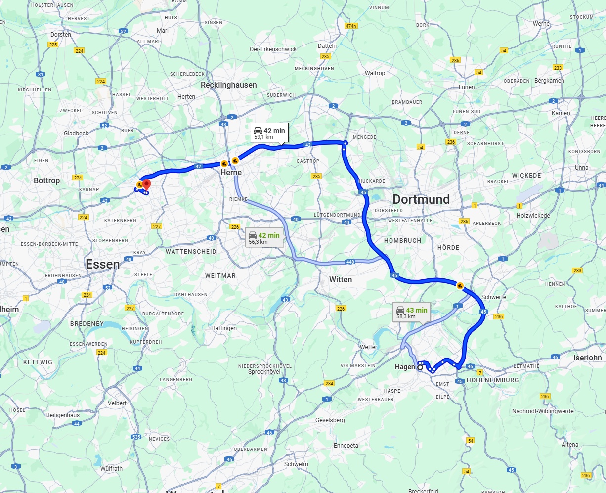 Anreise von Hagen Zu Gelsenkirchen Über via A45 and A42