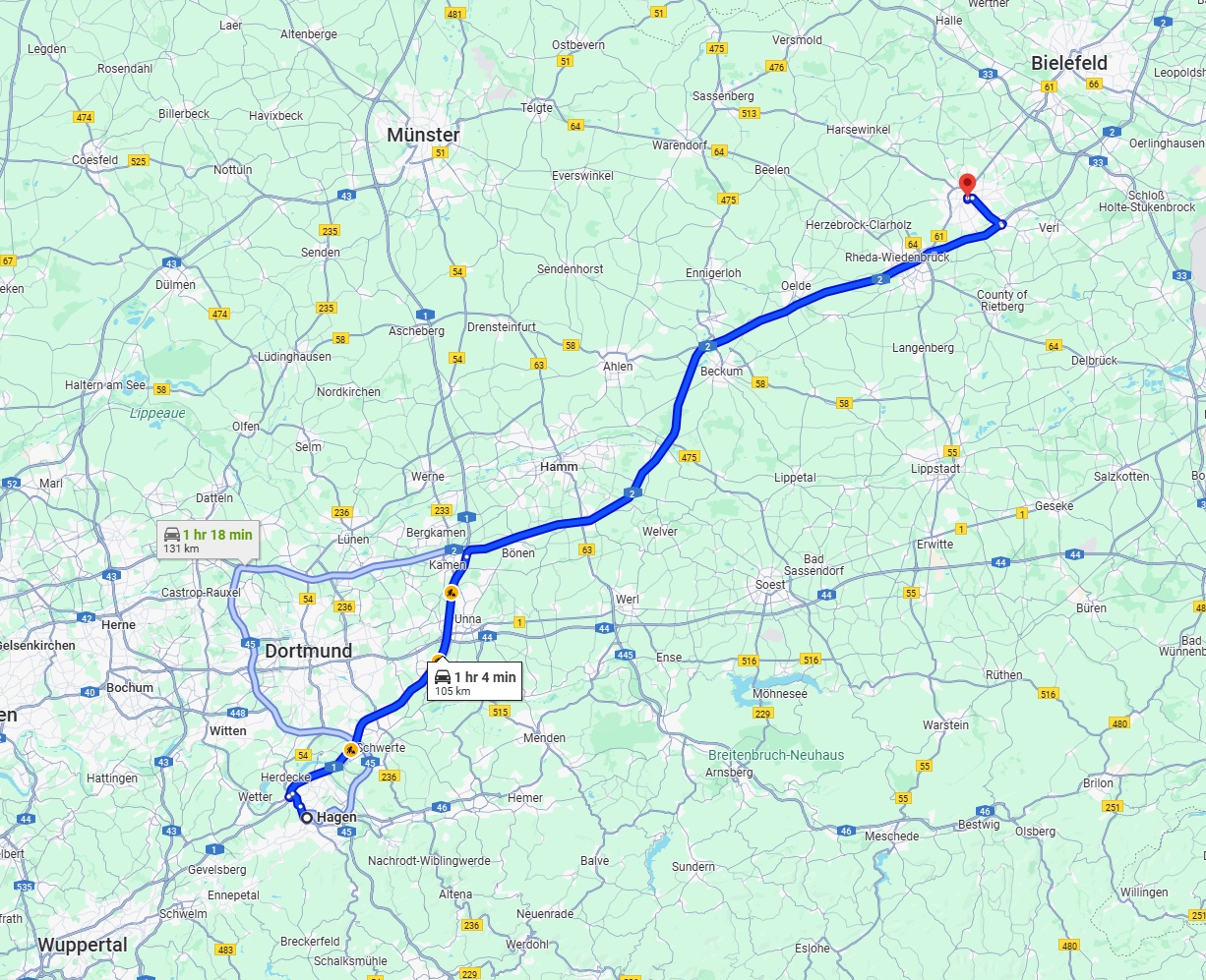Anreise von Hagen Zu Gütersloh Über via A1 and A2