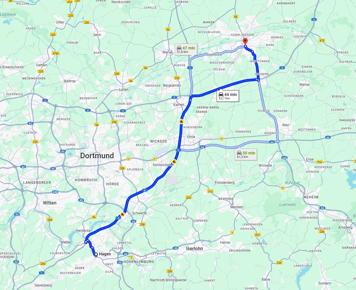 Anreise von Hagen Zu Hamm Über via A1