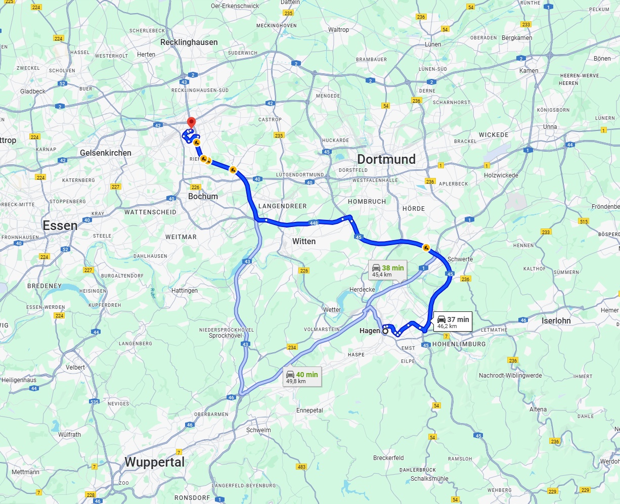 Anreise von Hagen Zu Herne Über via A45