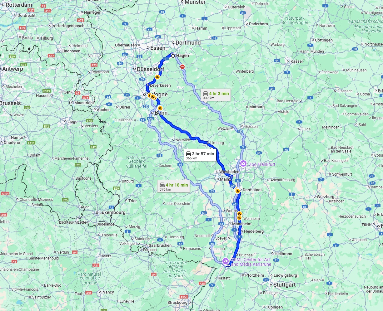 Anreise von Hagen Zu Karlsruhe Über via A3 and A5