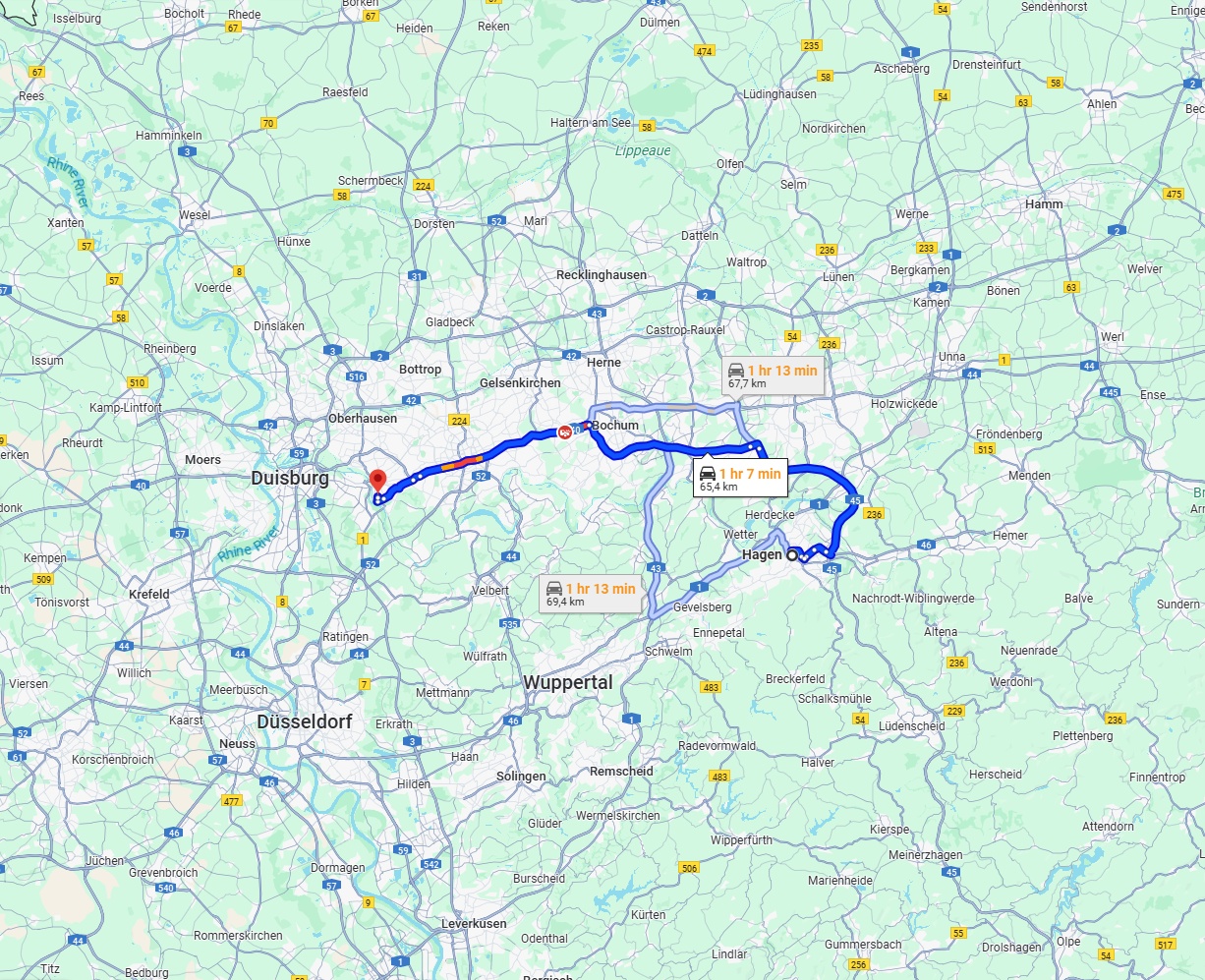 Anreise von Hagen Zu Mülheim an der Ruhr Über via A45, A448 and A40