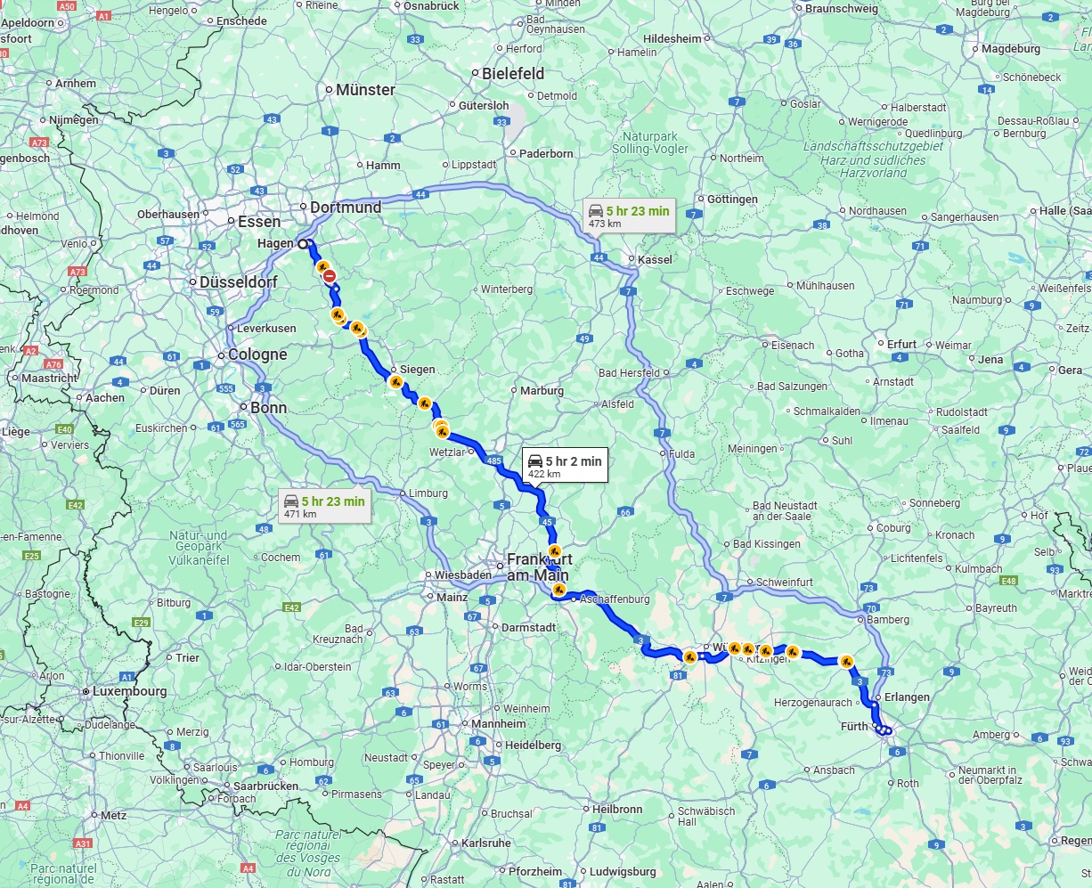 Anreise von Hagen Zu Nürnberg Über via A45 and A3