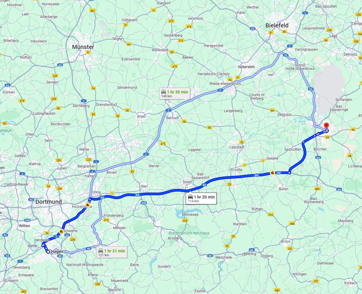 Anreise von Hagen Zu Paderborn Über via A44