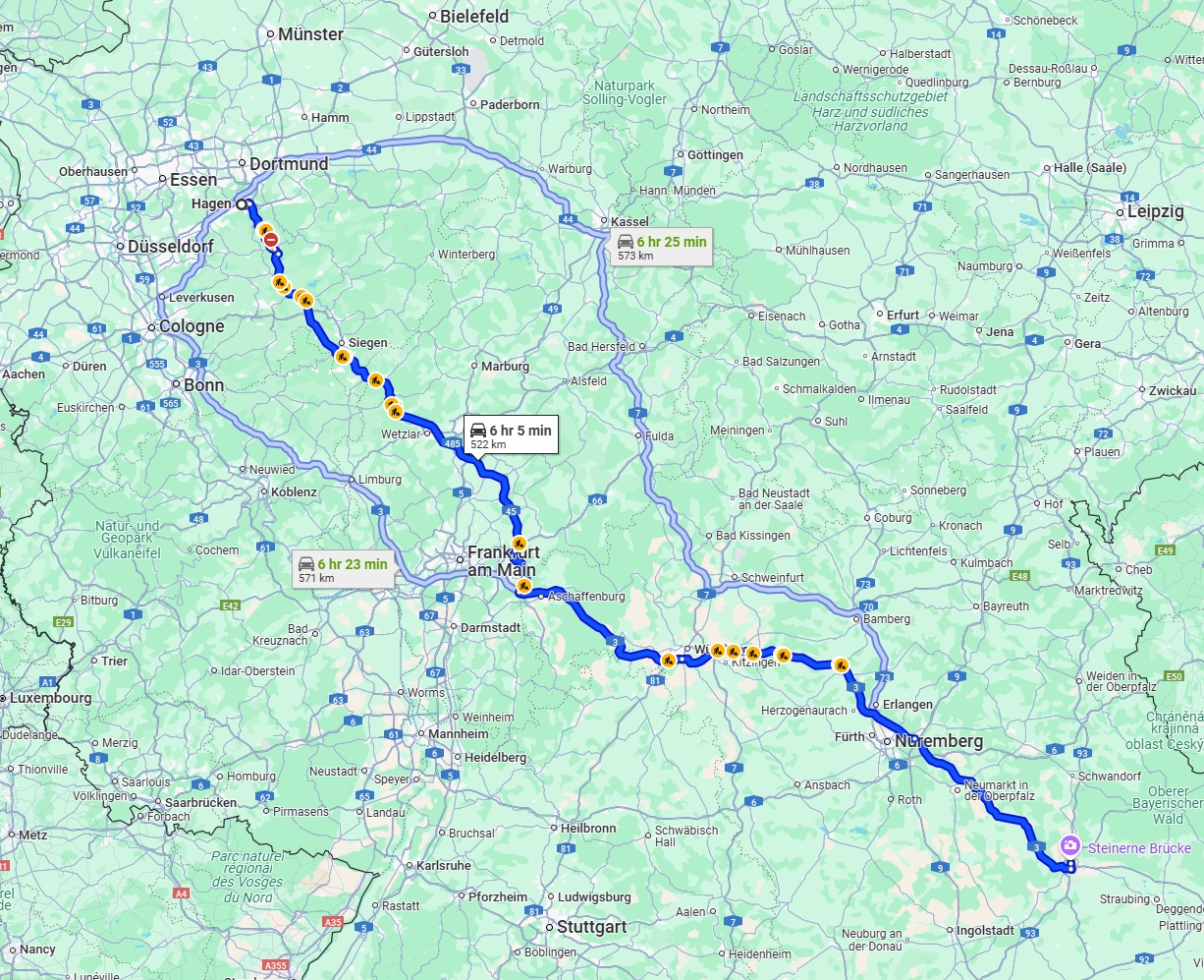 Anreise von Hagen Zu Regensburg Über via A45 and A3