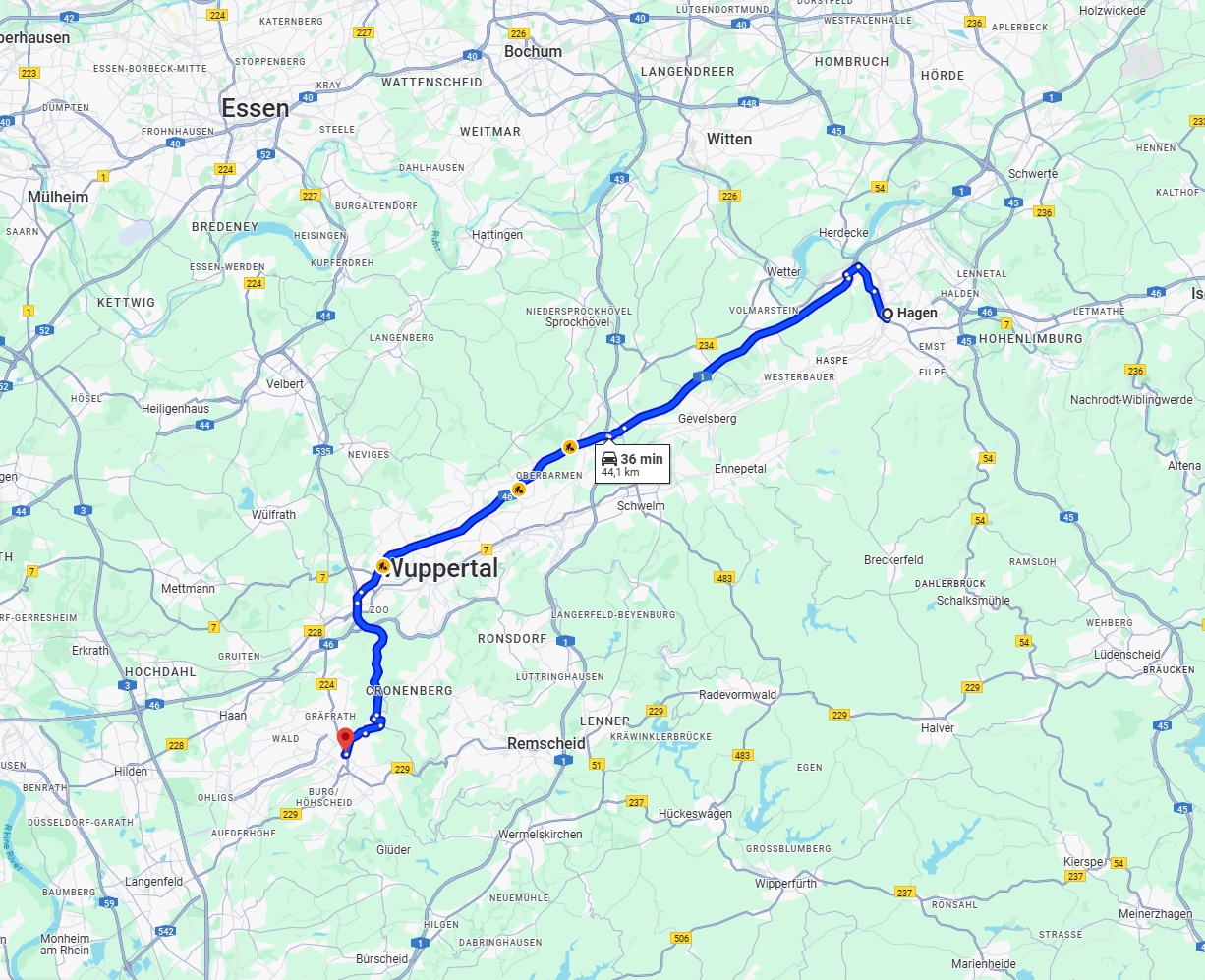 Anreise von Hagen Zu Solingen Über via A1 and A46