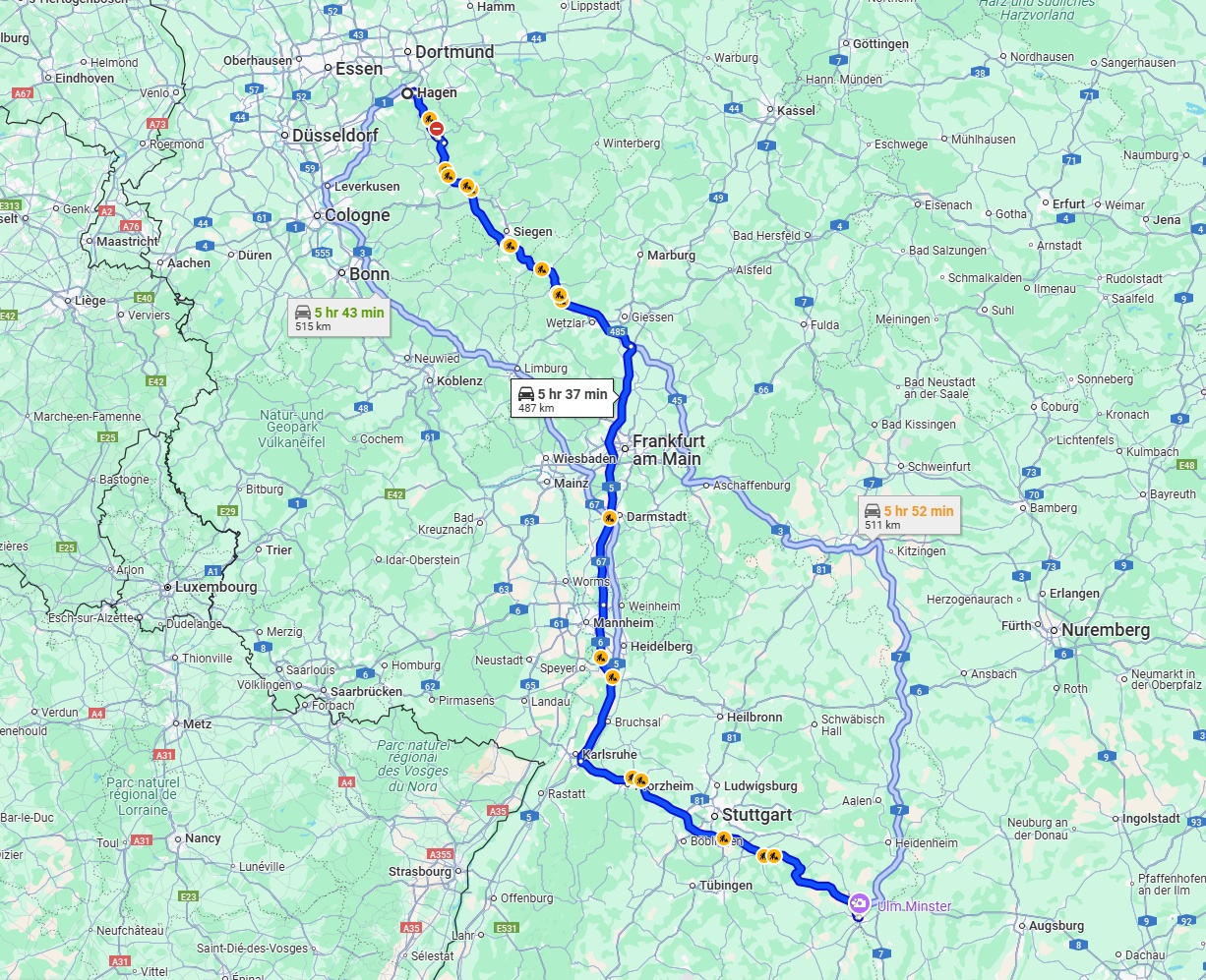 Anreise von Hagen Zu Ulm Über via A45 and A8