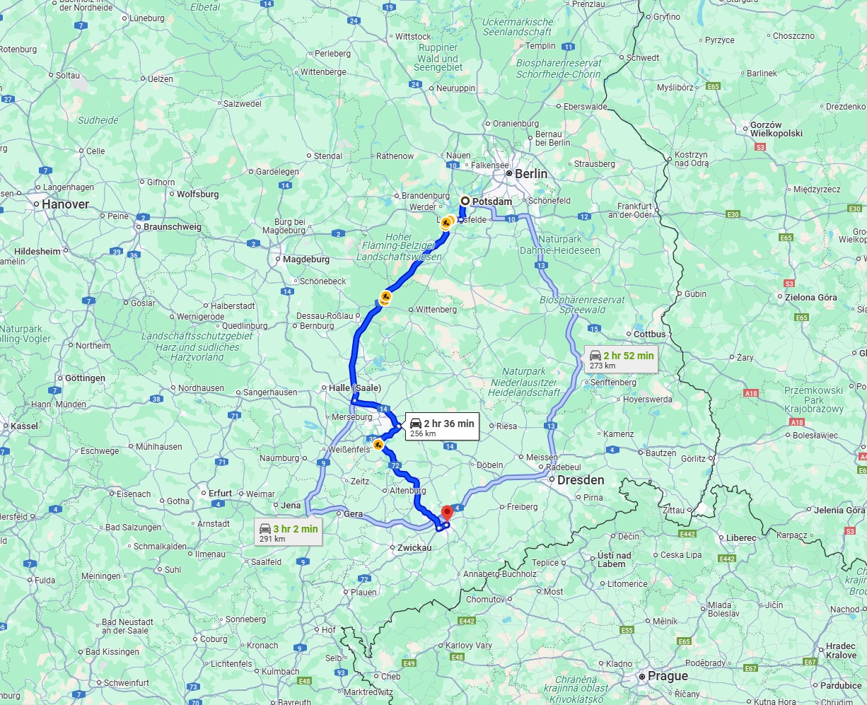 Anreise von Potsdam Zu Chemnitz Über via A9 and A72