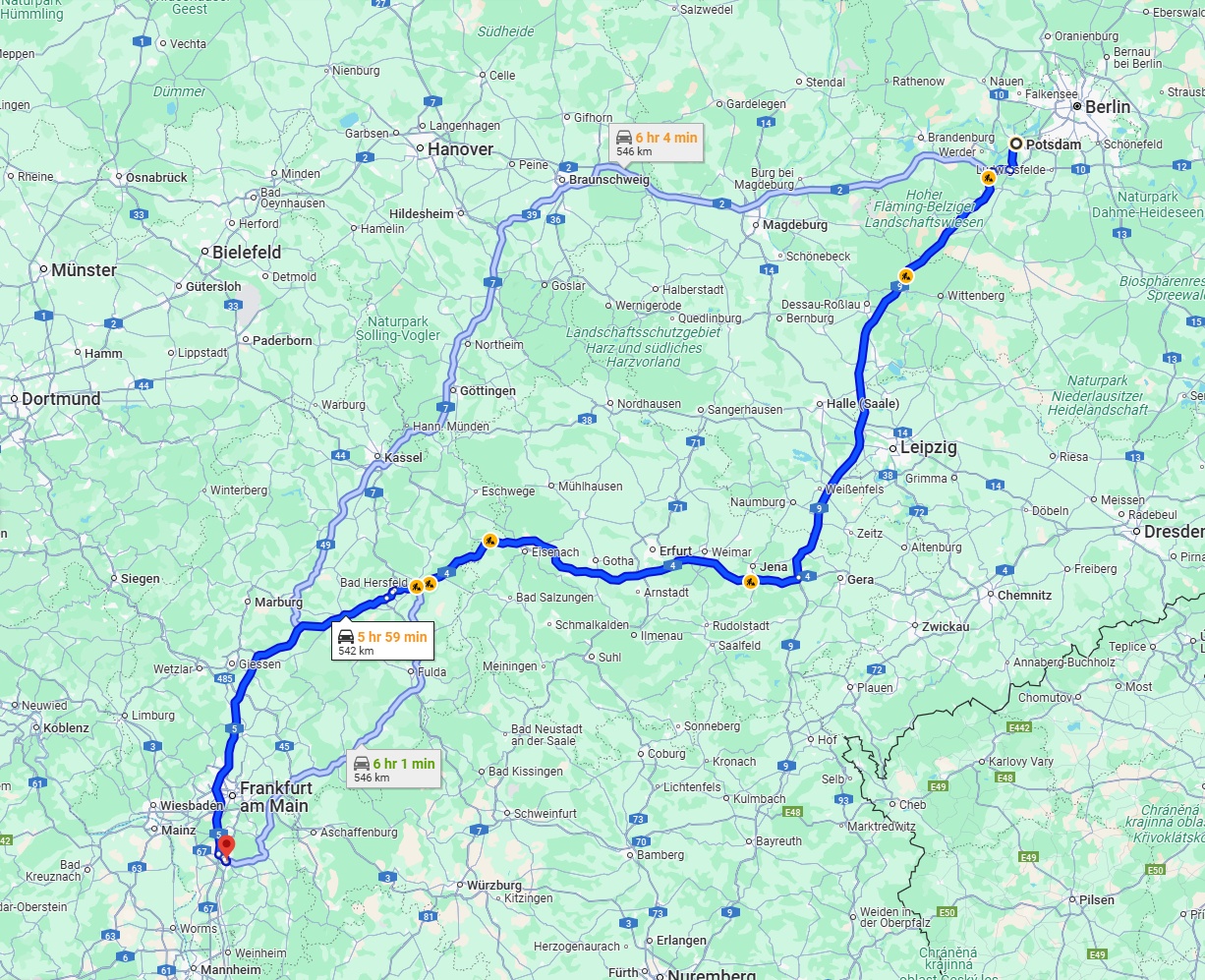 Anreise von Potsdam Zu Darmstadt Über via A9, A4 and A5