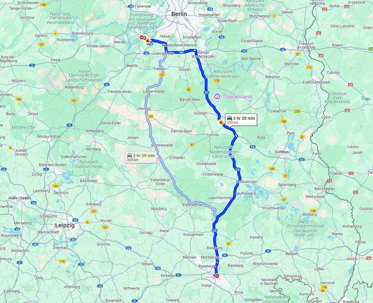Anreise von Potsdam Zu Dresden Über via A13