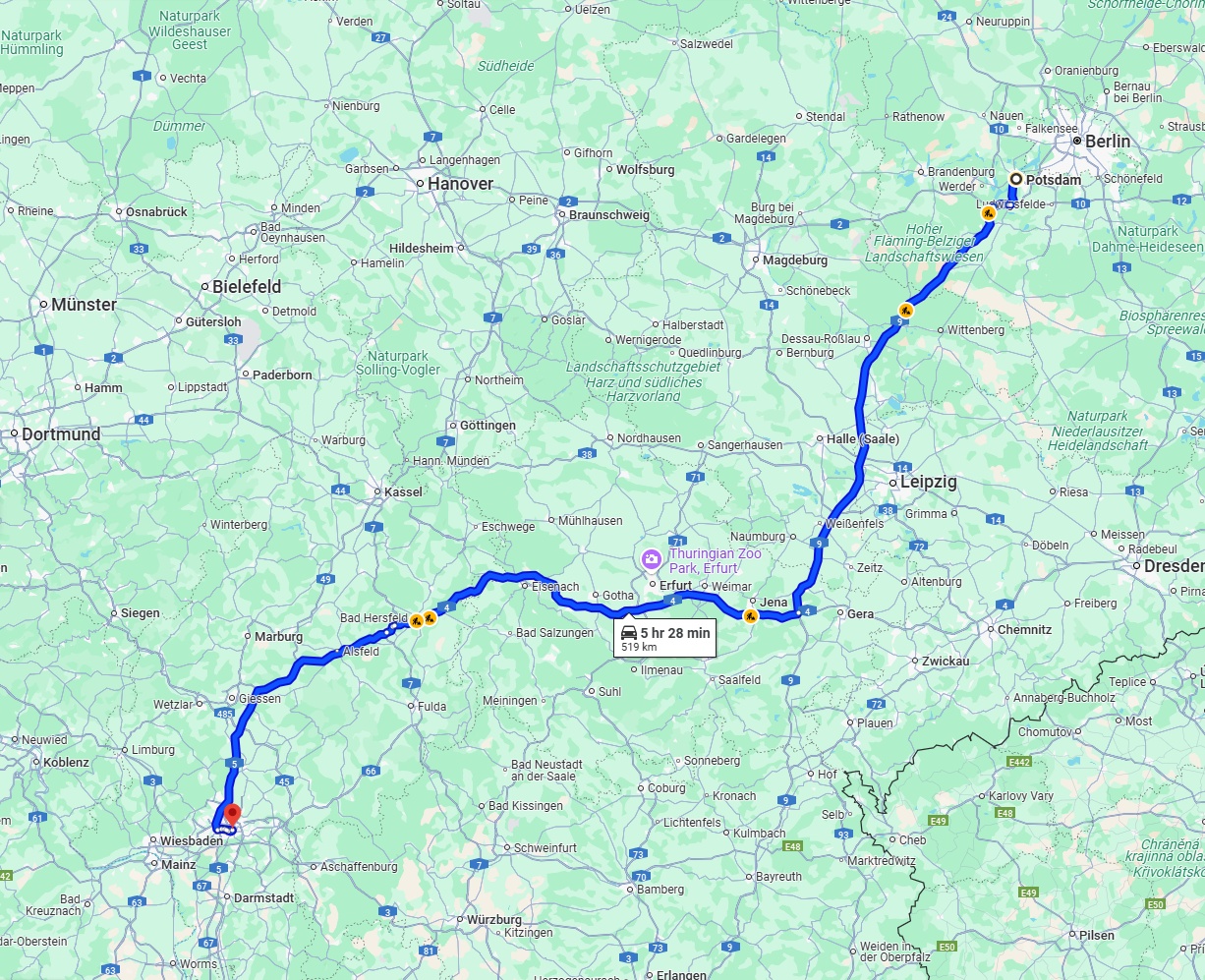 Anreise von Potsdam Zu Frankfurt am Main Über via A9 and A4