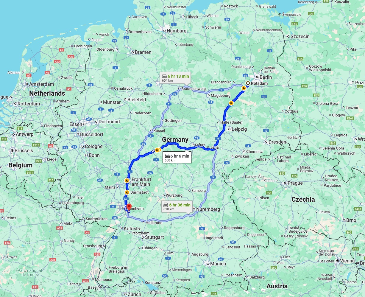 Anreise von Potsdam Zu Heidelberg Über via A9 and A4