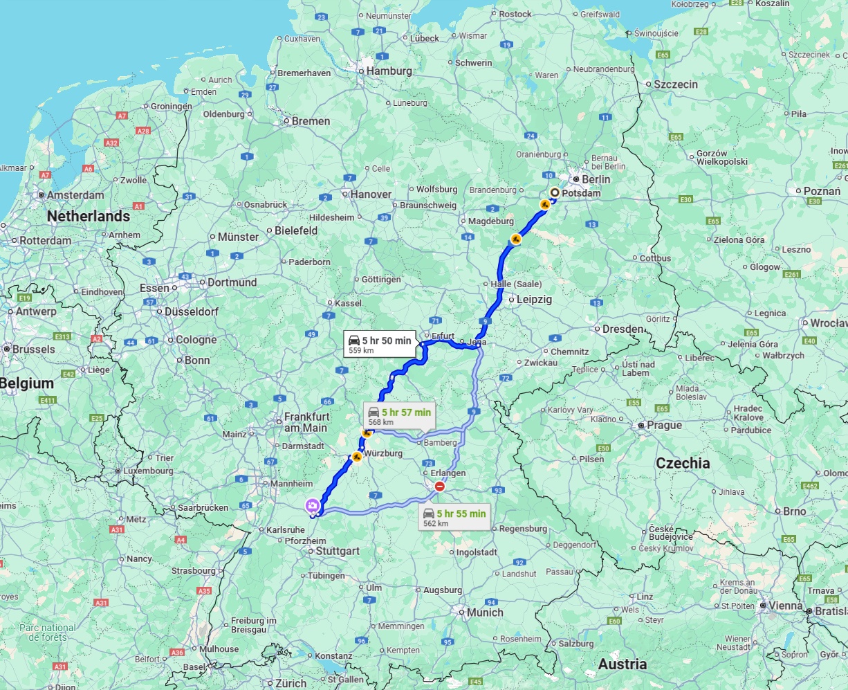 Anreise von Potsdam Zu Heilbronn Über via A9 and A71