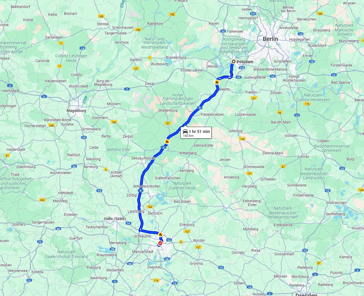 Anreise von Potsdam Zu Leipzig Über via A9