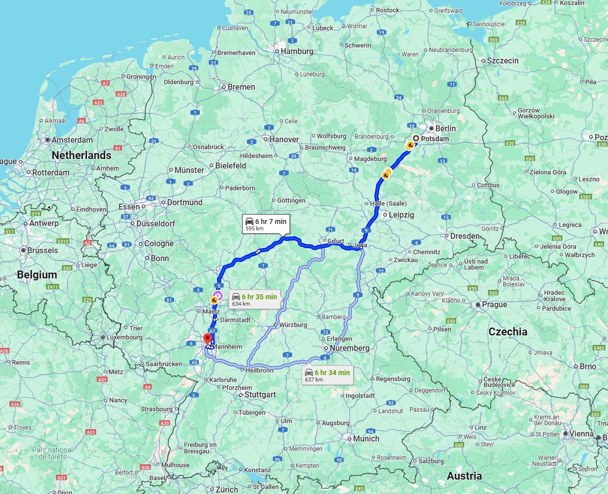 Anreise von Potsdam Zu Ludwigshafen am Rhein Über via A9, A4 and A5