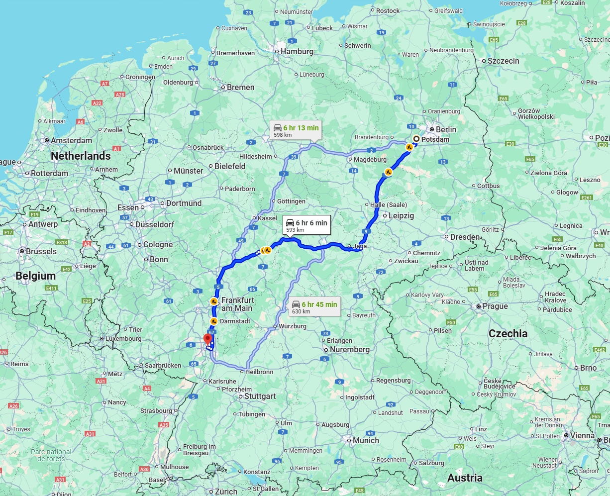 Anreise von Potsdam Zu Mannheim Über via A9, A4 and A5