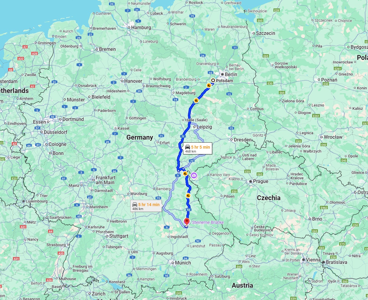 Anreise von Potsdam Zu Regensburg Über via A9 and A93