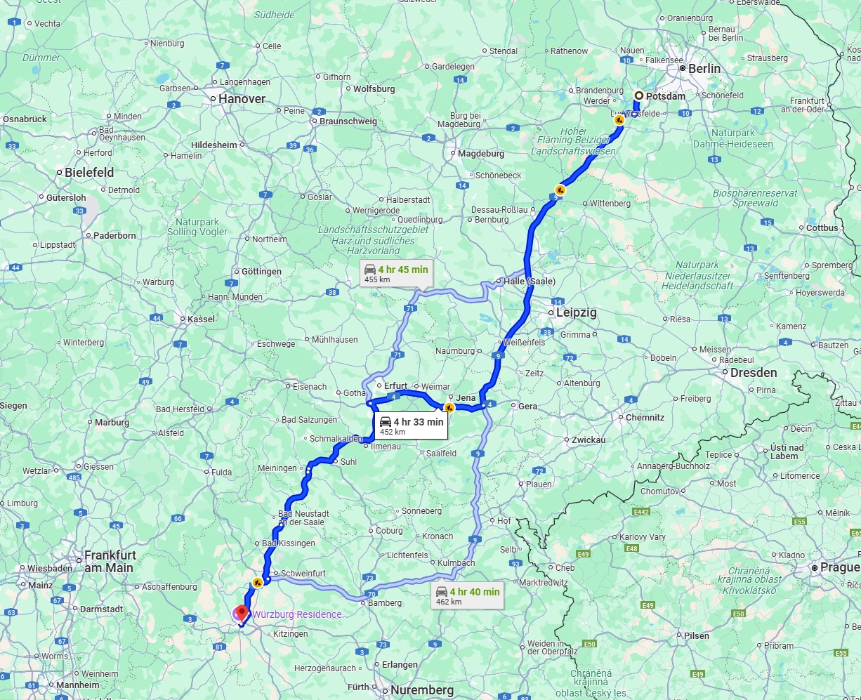 Anreise von Potsdam Zu Würzburg Über via A9 and A71