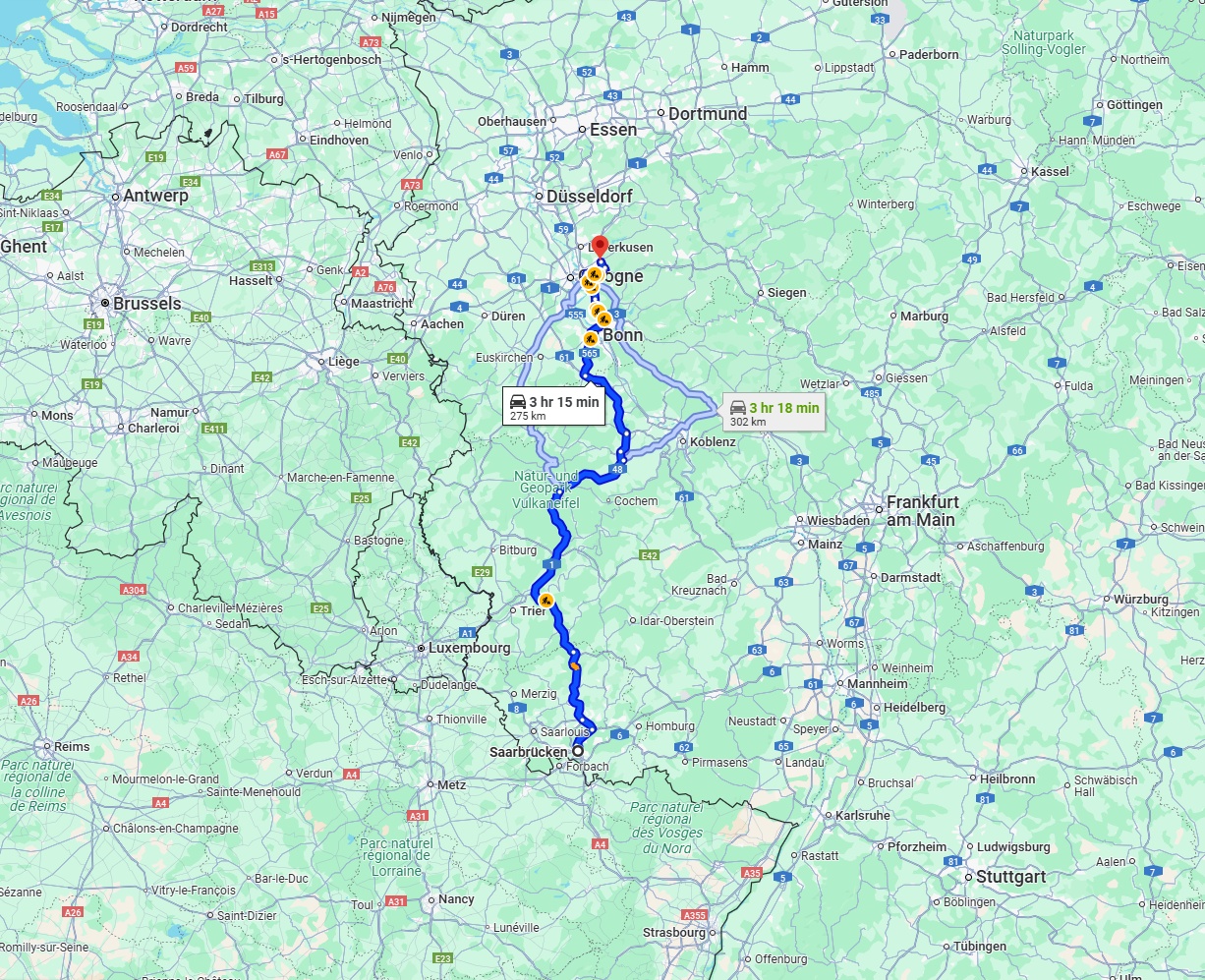 Anreise von Saarbrücken Zu Bergisch Gladbach Über via A1