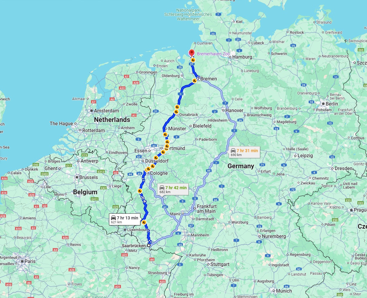 Anreise von Saarbrücken Zu Bremerhaven Über via A1